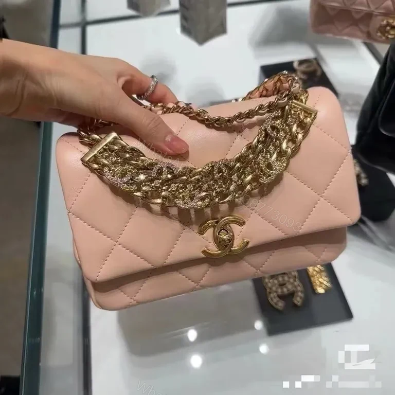 View 4 of Soft Rose Quilted Chain Bag with Gold Hardware