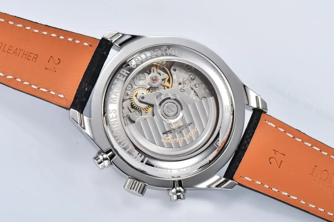 View 9 of Longines Master Collection Moonphase Chronograph Watch Red Dial Stainless Steel Case Black Leather Strap 42mm