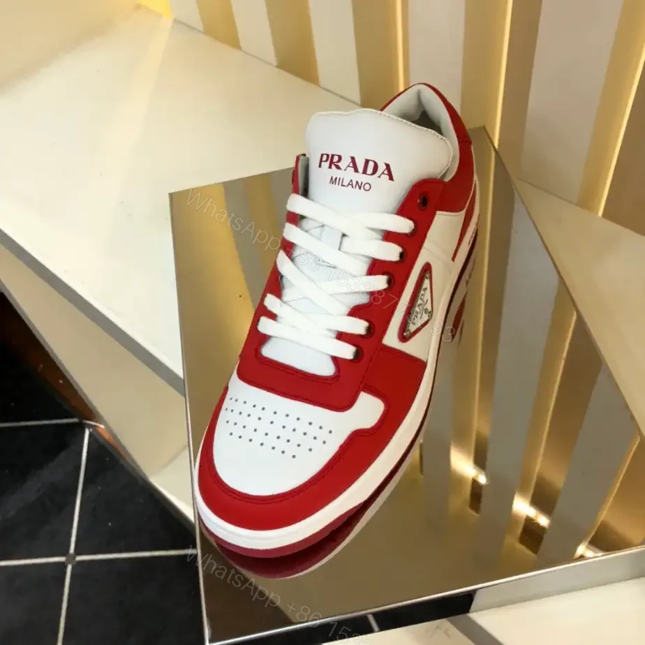 View 5 of PRADA DOWNTOWN LEATHER SNEAKERS IN WHITE AND LACQUER RED- PRD012