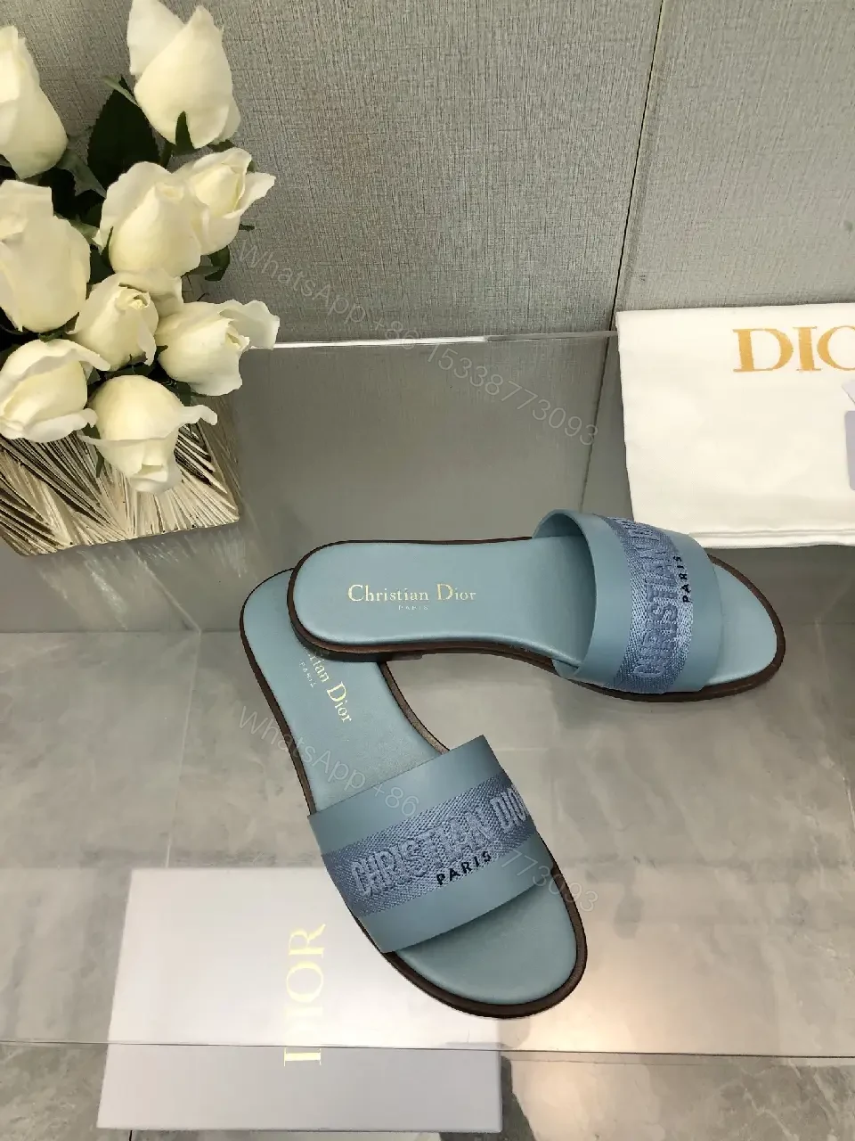 View 4 of Blue Denim Strap Slide Sandals Dior Paris Style Lightweight Comfort Sandal