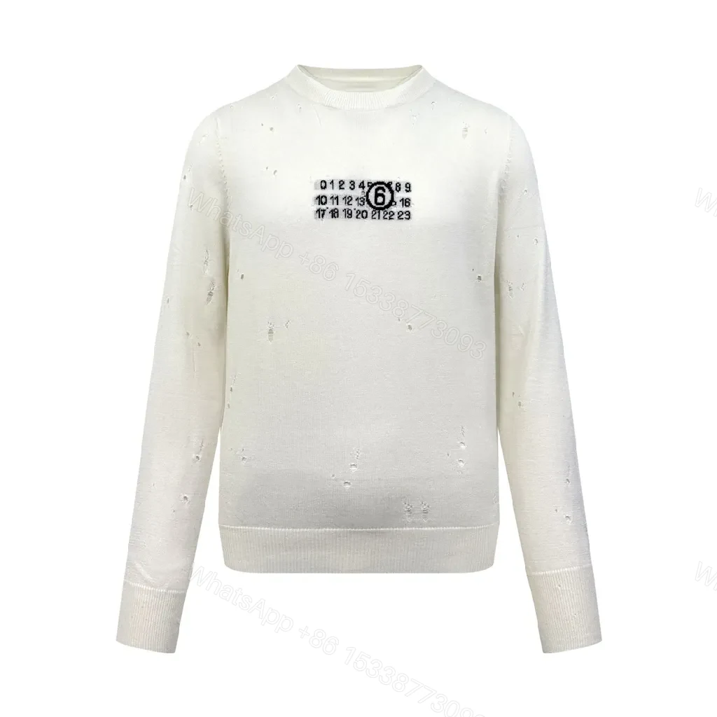 Off-White Knit Crewneck Sweatshirt with Distressed Texture — view 1