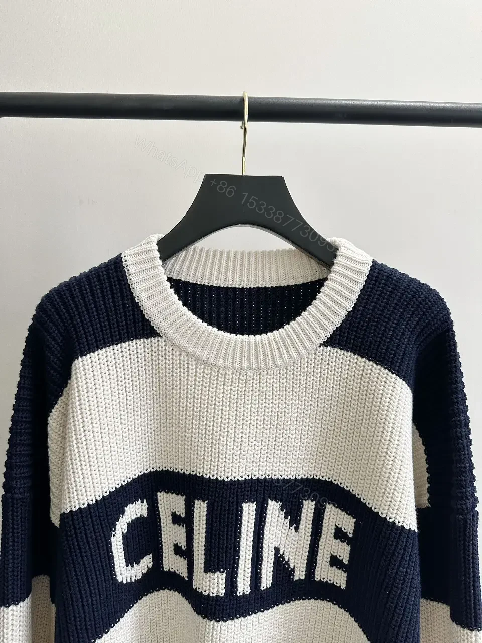 View 2 of Chunky Navy & Cream Knit Sweater - Designer-Inspired Comfort, All-Season