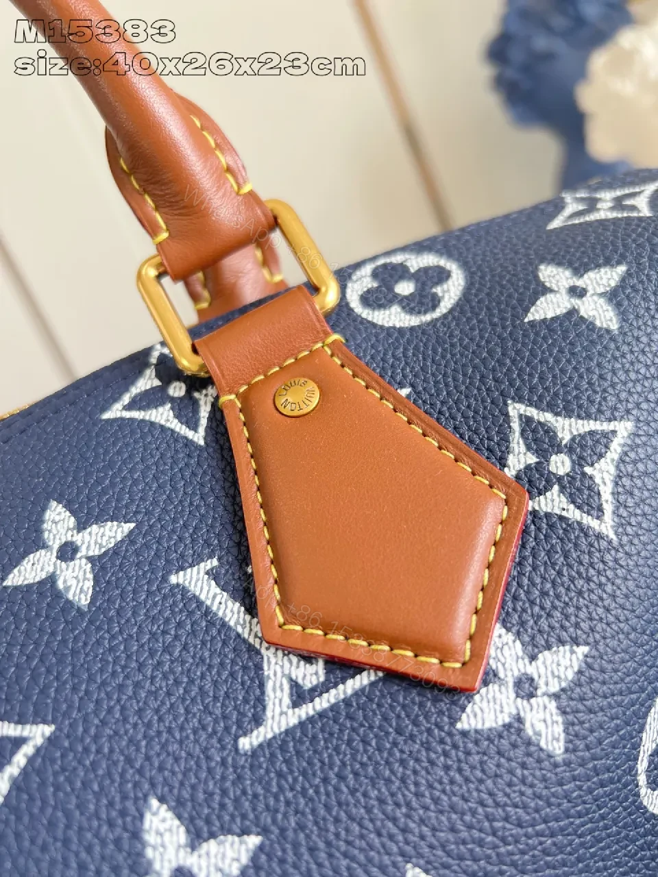 View 6 of Structured Luxe Carryall: Navy Monogram Tote with Cognac Leather