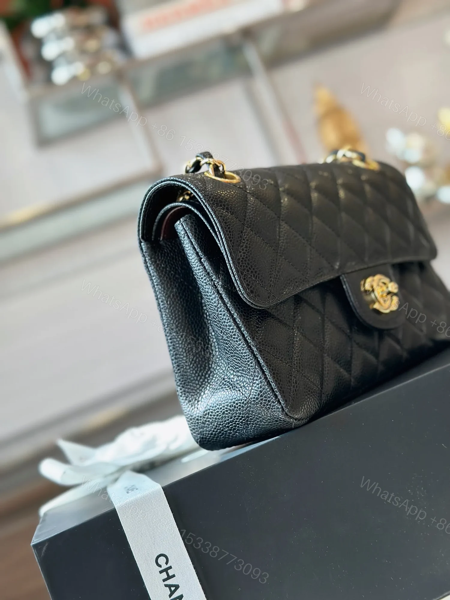 View 3 of Chanel Classic Handbags With Lock Gold Black Leather 23cm