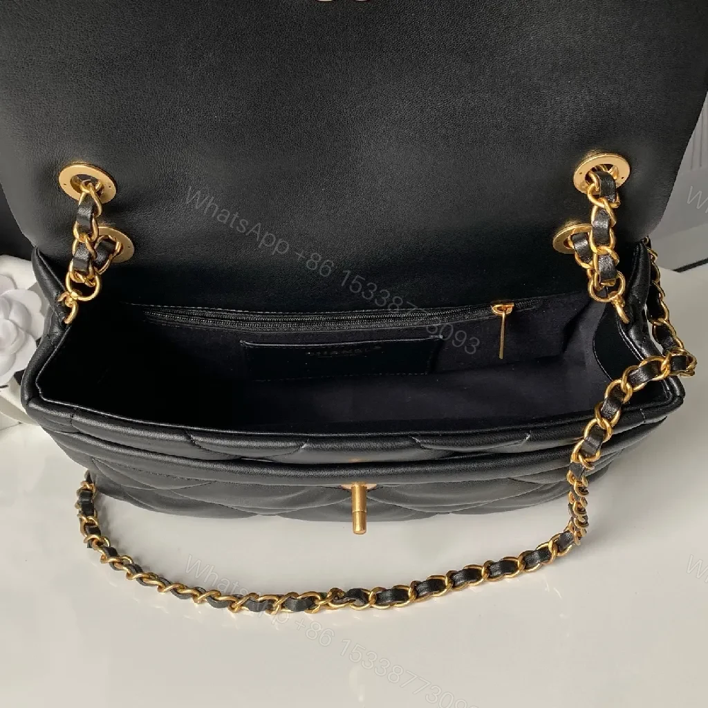 View 2 of Compact Quilted Black Chain Bag - Gold Hardware