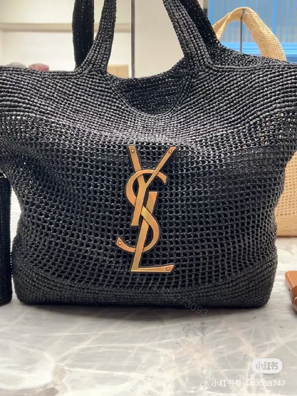 View 9 of Chunky Black Woven Tote: Luxe Monogram-Inspired, All-Day Carry