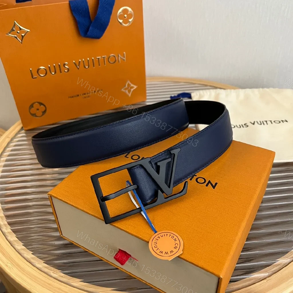 View 5 of Chic Navy Leather Belt with LV Buckle