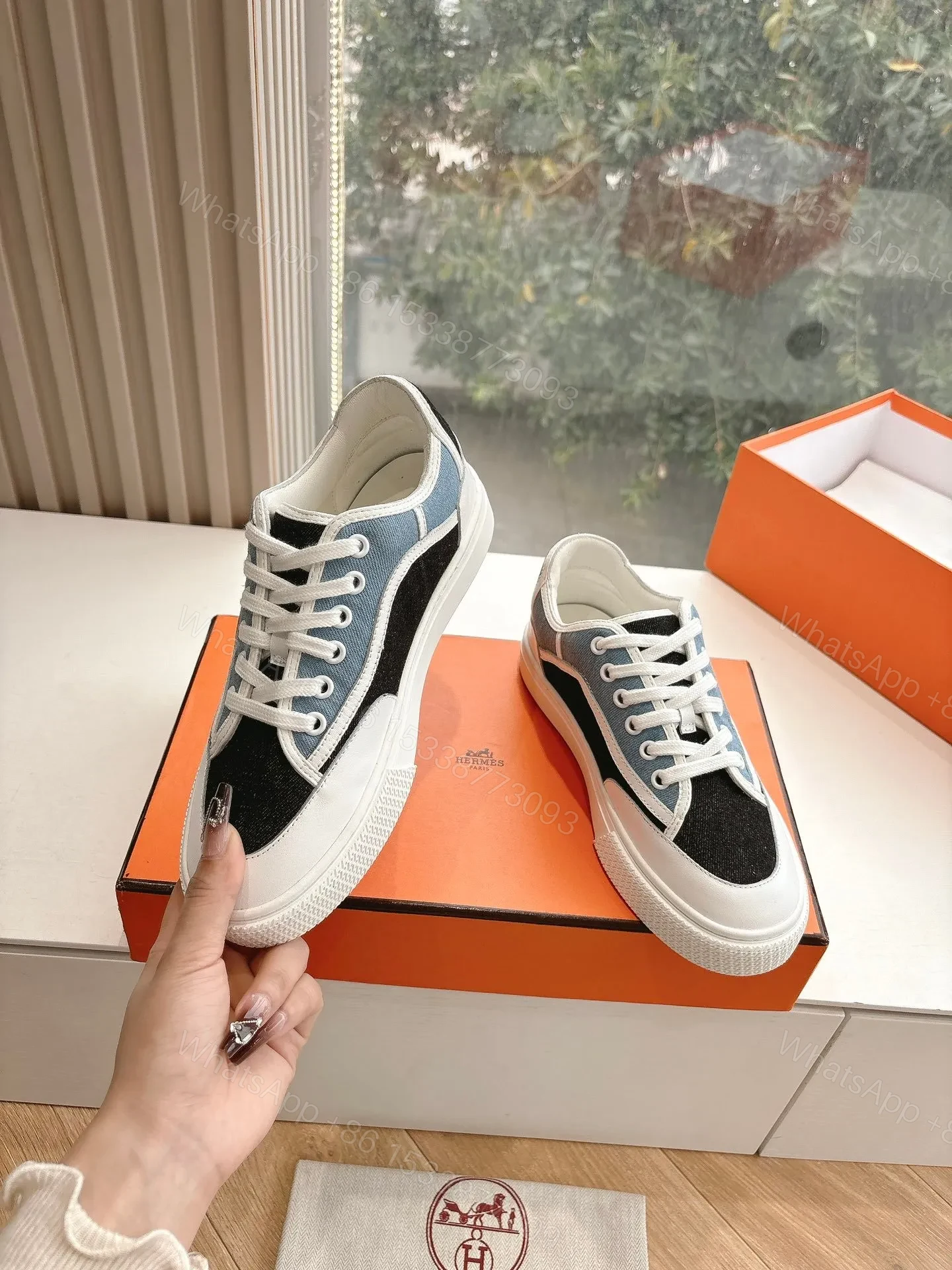 View 6 of Hermes Women Black Blue Canvas And Leather Sneakers