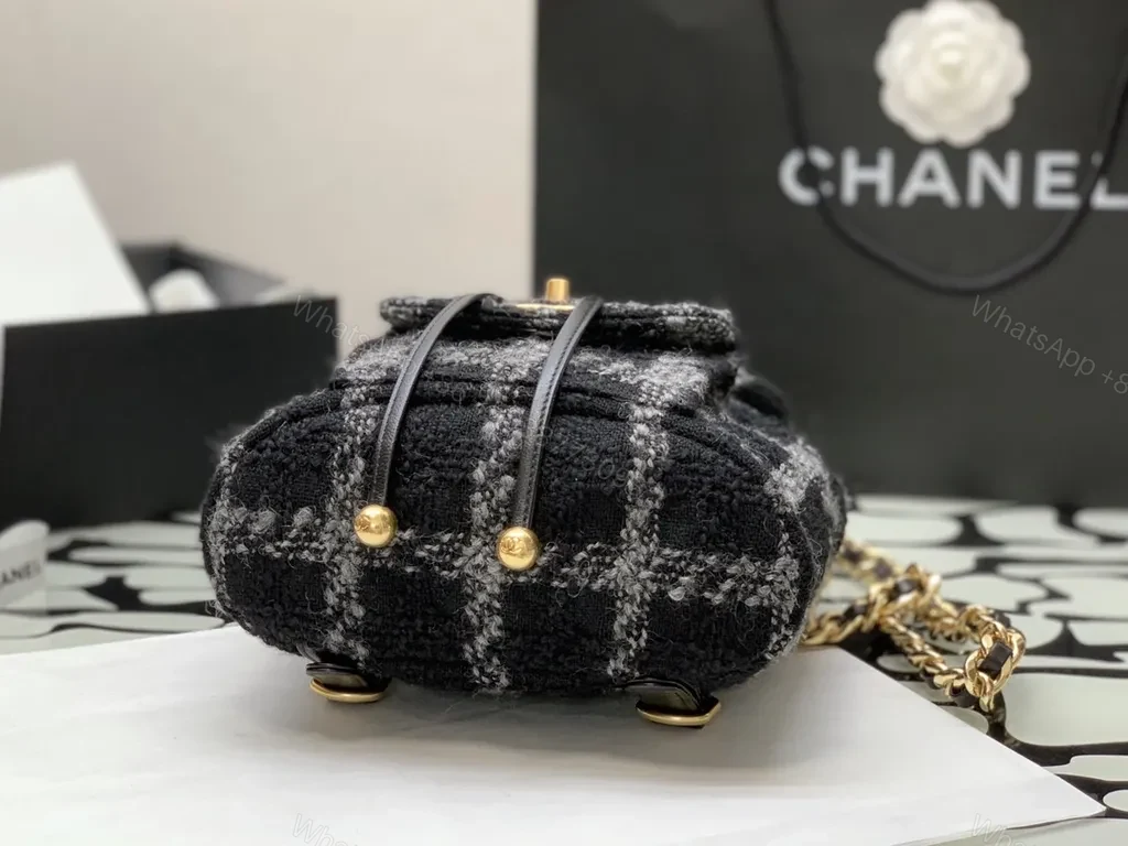 View 7 of Chanel-Inspired Plaid Knit Backpack with Gold Chain