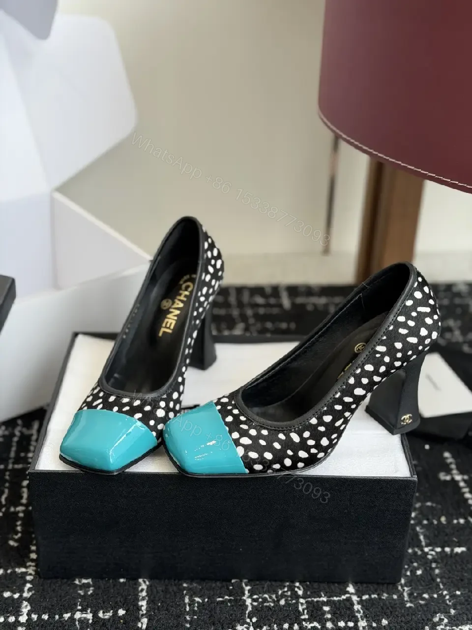 View 6 of Black/White Polka Dot Heels with Turquoise Cap Toe, Block Heel Style, Chanel-inspired, Pump