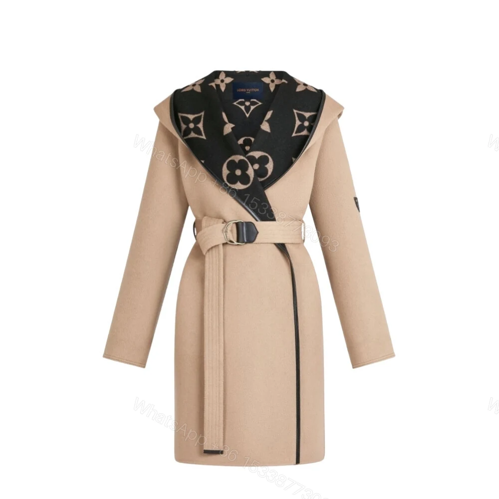 Louis Vuitton Hooded Coat Double Faced Silk Wool Brown 1AAGAV — view 1