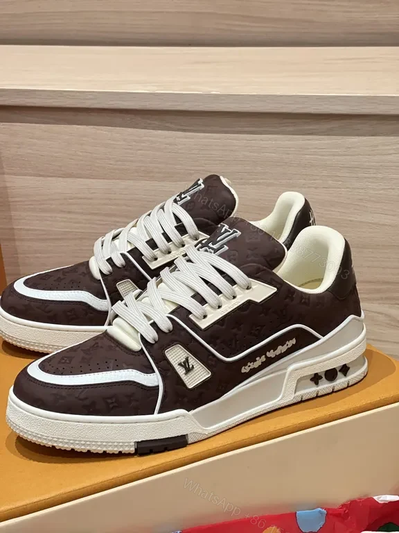 View 4 of Brown Leather Low-Top Sneakers with LV Monogram, White Trim and Sole