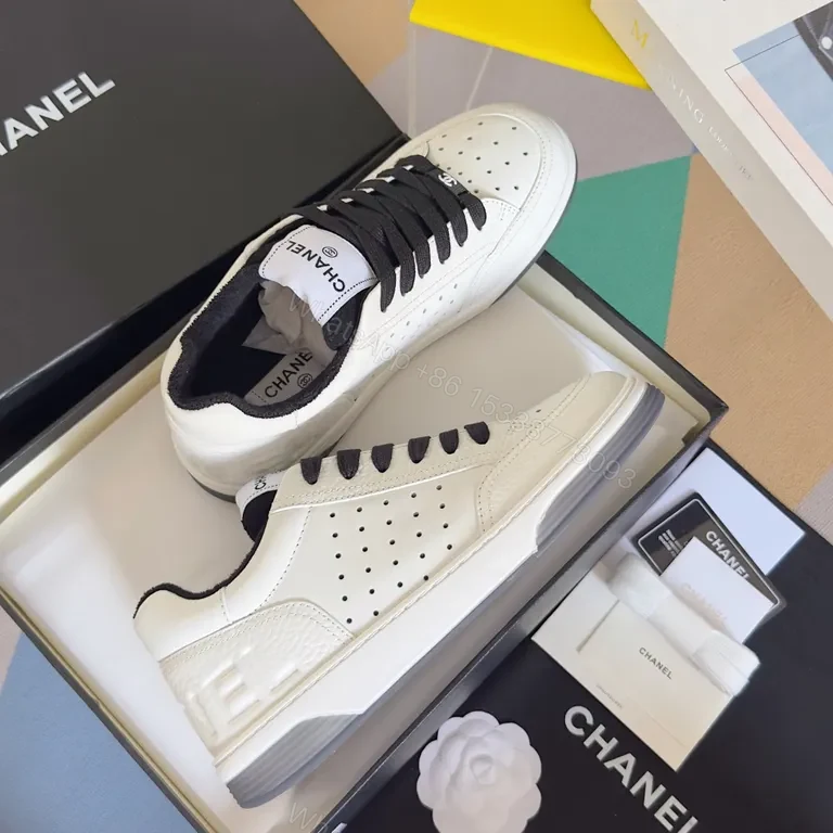 View 7 of Clean White Chanel-Inspired Court Sneakers with Bold Black Laces