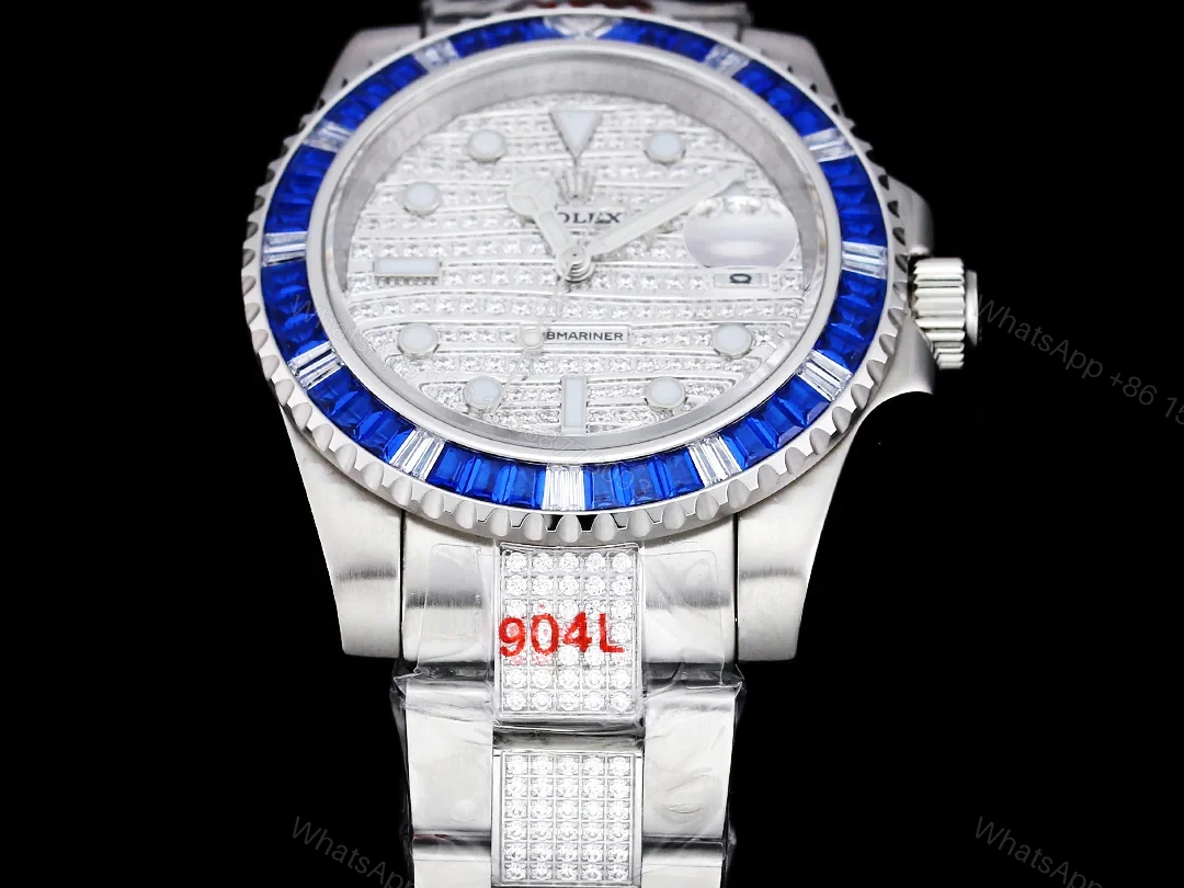 View 2 of Rolex Submariner White Diamond Replica 42MM Exclusive Blue Baguette Bezel Steel Oyster Bracelet RG-ROLEX-SUB-WHITE-DIAMOND-42