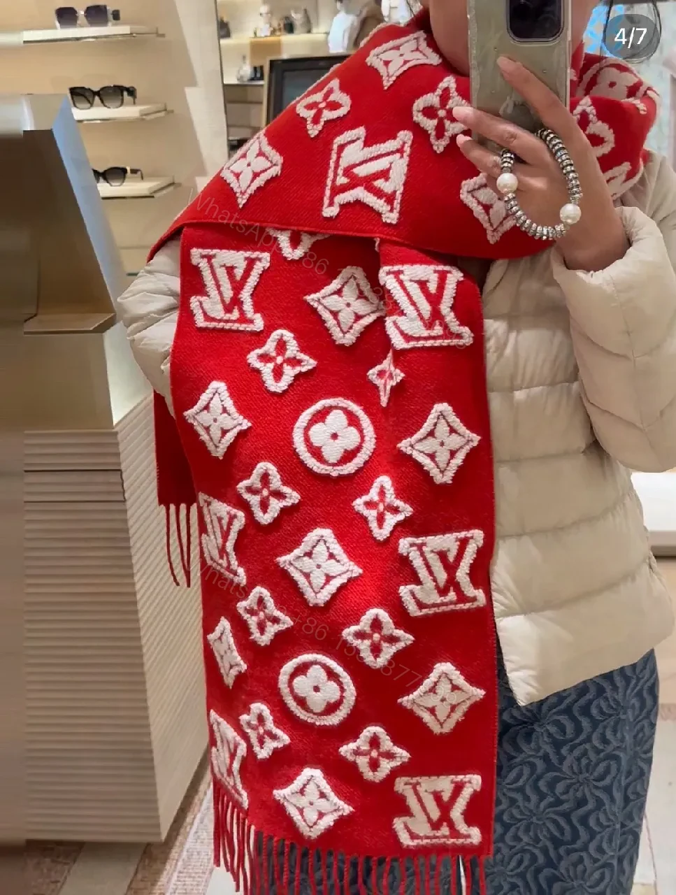 View 2 of Bold Red Monogram Silk-Blend Scarf with Luxe Fringe Accent