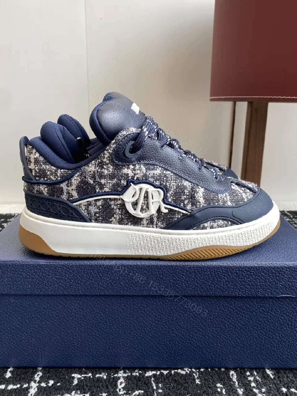 View 3 of Navy Tweed-Texture High-Top Sneakers with Luxe Accents