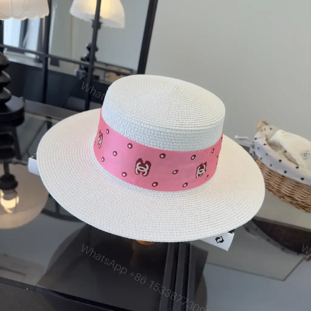 View 7 of White Silk Pink Scarf Band Straw Hat with Bow Chanel Logo