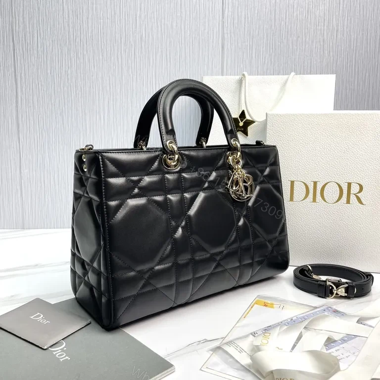 View 5 of Structured Quilted Black Calf Leather Handbag with Dior Charms