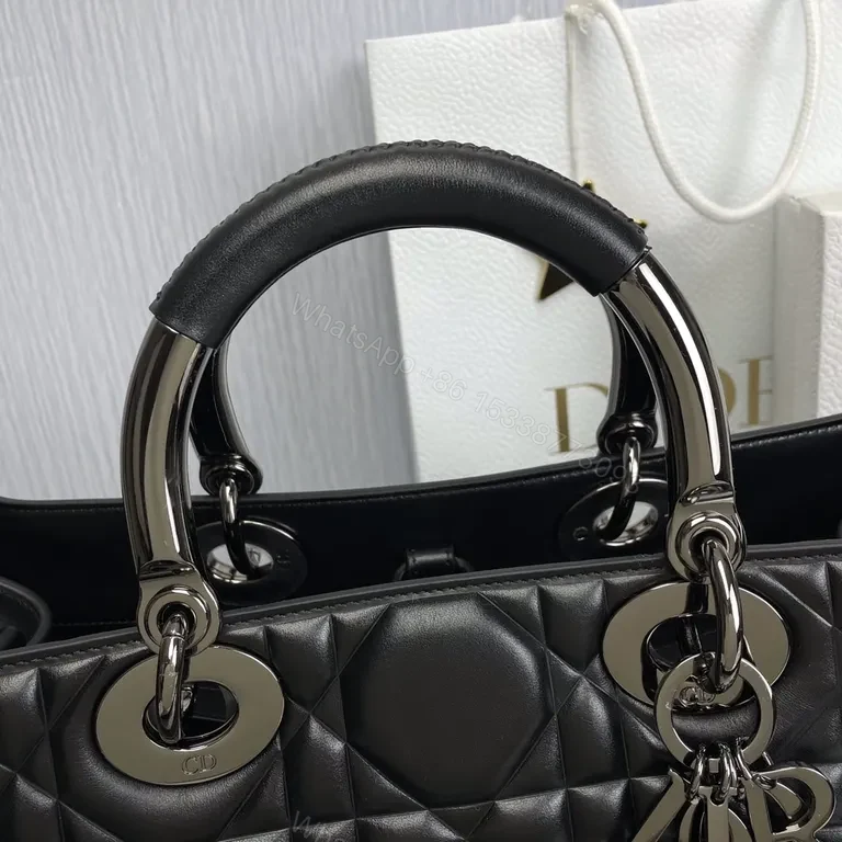 View 9 of Black Leather Faux Dior Handbag: Diamond Quilted, Silver Hardware, D&R Charm, Top Handles/Shoulder Strap