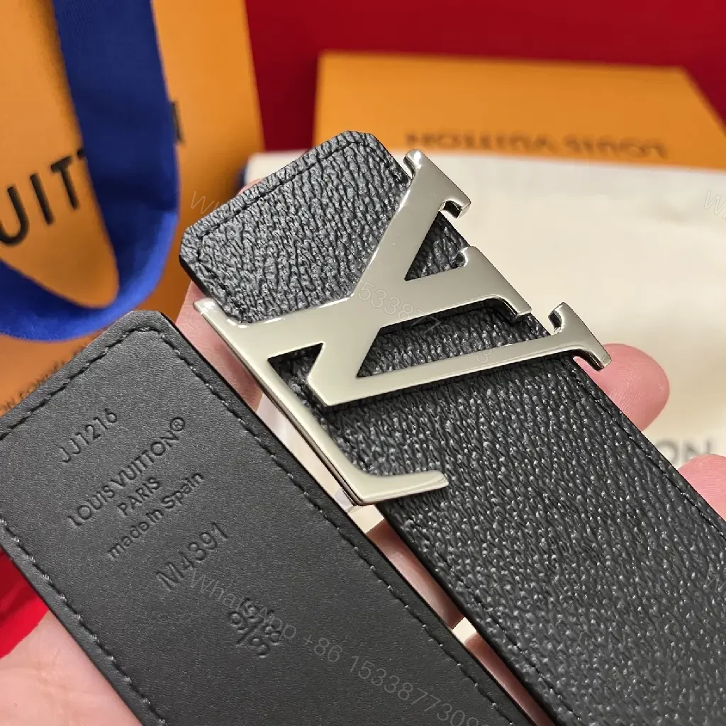 View 8 of Black Pebbled Leather Belt with Silver LV Buckle