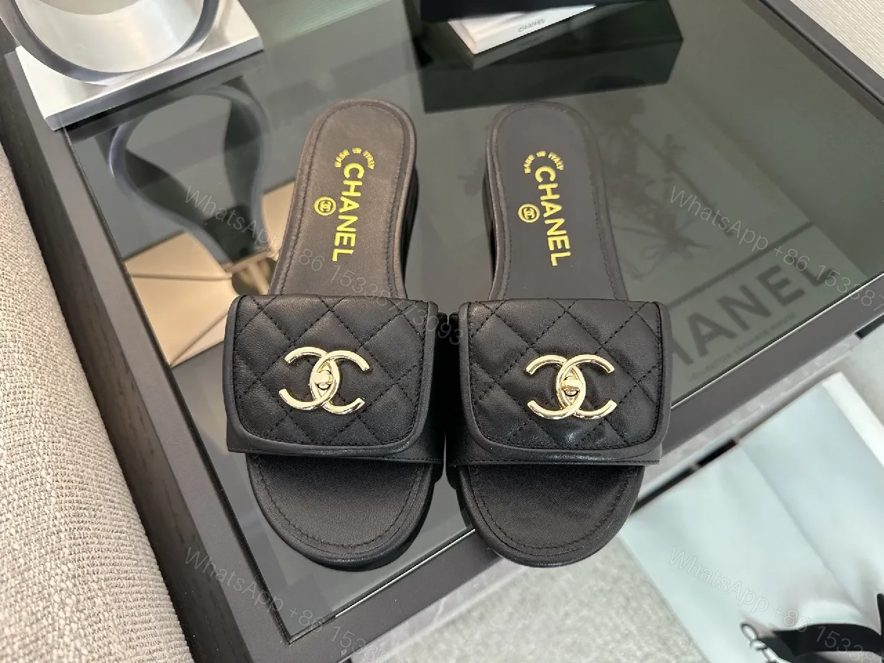 View 5 of Quilted Black Slide with Gold Logo – Casual Luxe Footwear