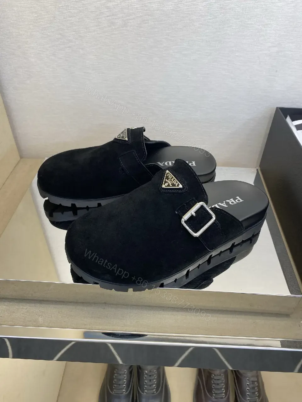 View 4 of Black Suede Prada Mule Slippers with Silver Buckle