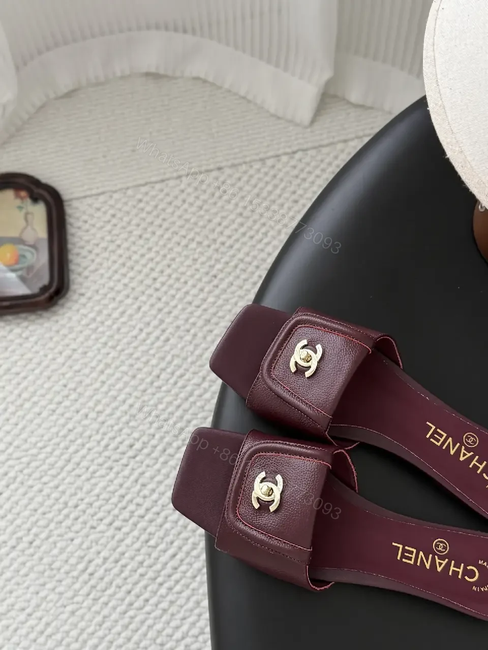 View 7 of Burgundy Leather Slides – Gold Logo Hardware, Premium Comfort