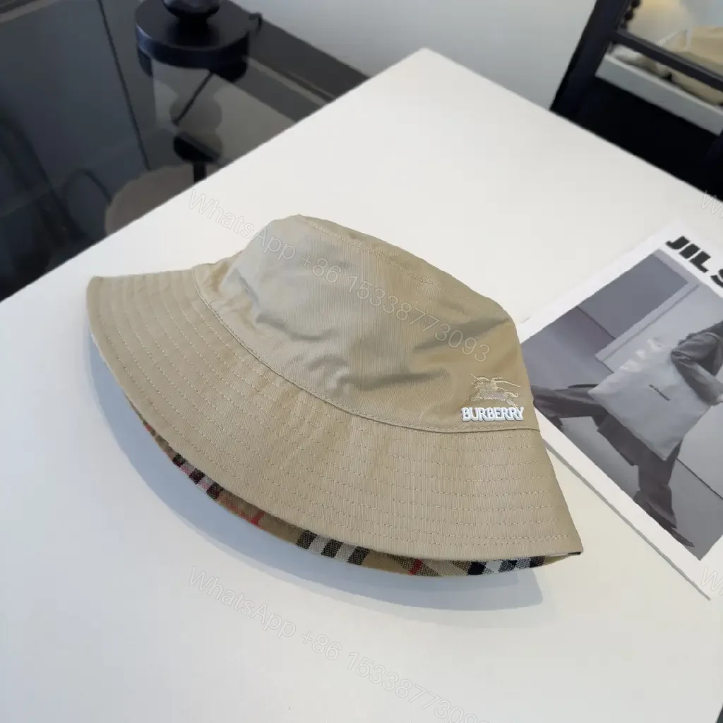 View 3 of Light Beige Khaki Bucket Hat with Embroidered Logo, Burberry Style