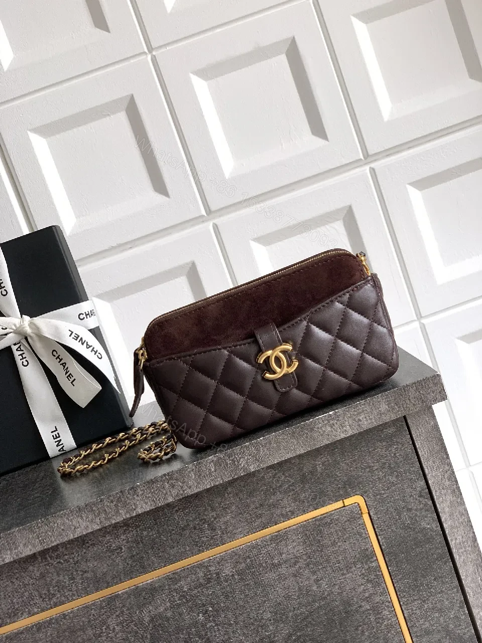Small Leather Crossbody: Diamond Quilt, Gold Logo, Velvet Trim, Everyday Luxe — view 1