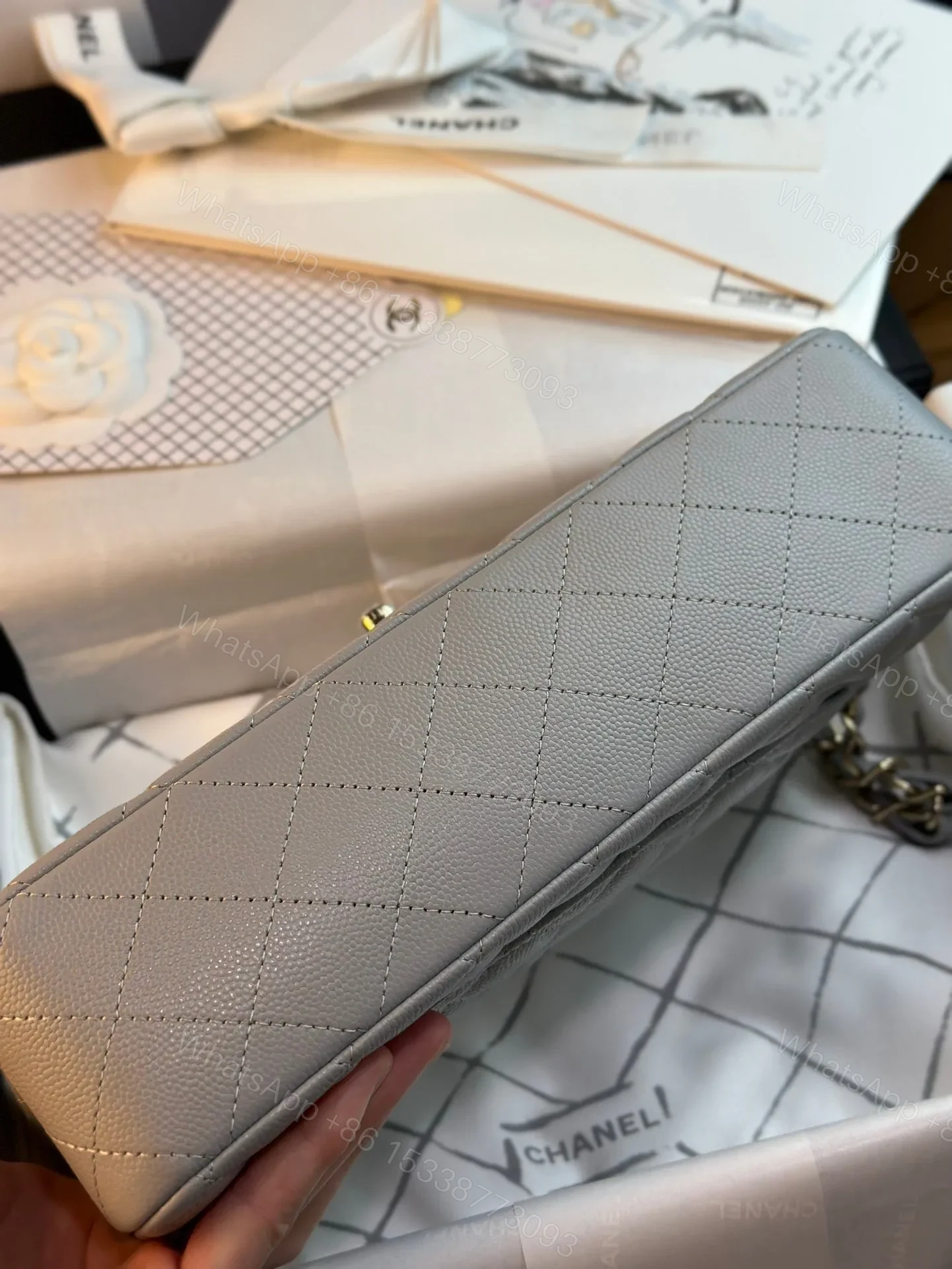 View 5 of CHANEL FLAP BAG 25CM GOLD HARDWARE GREY CAVIAR