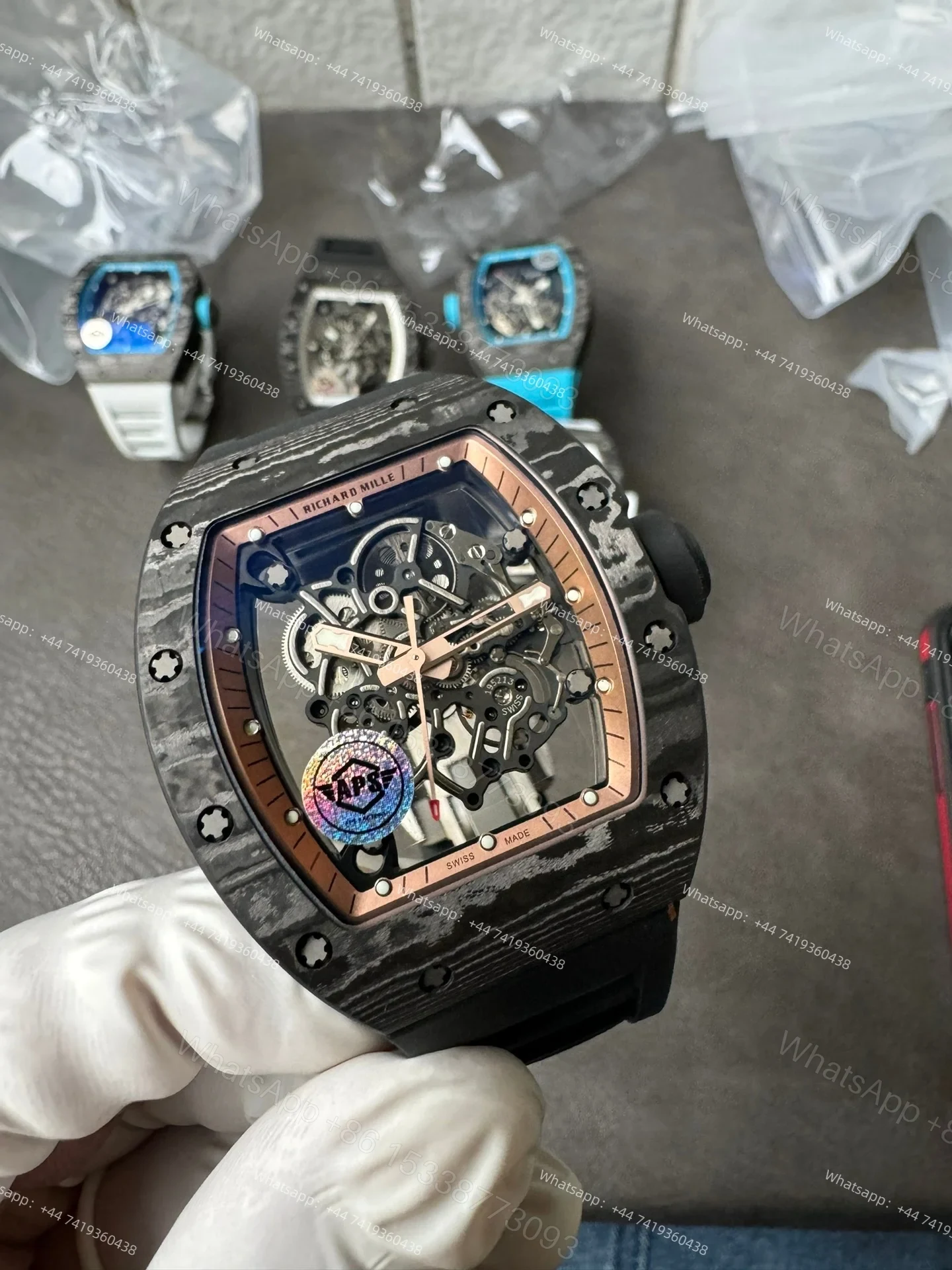 View 7 of Super Clone Richard Mille RM 055 Carbon TPT Rose Gold Skeleton 1:1 Replica Watch