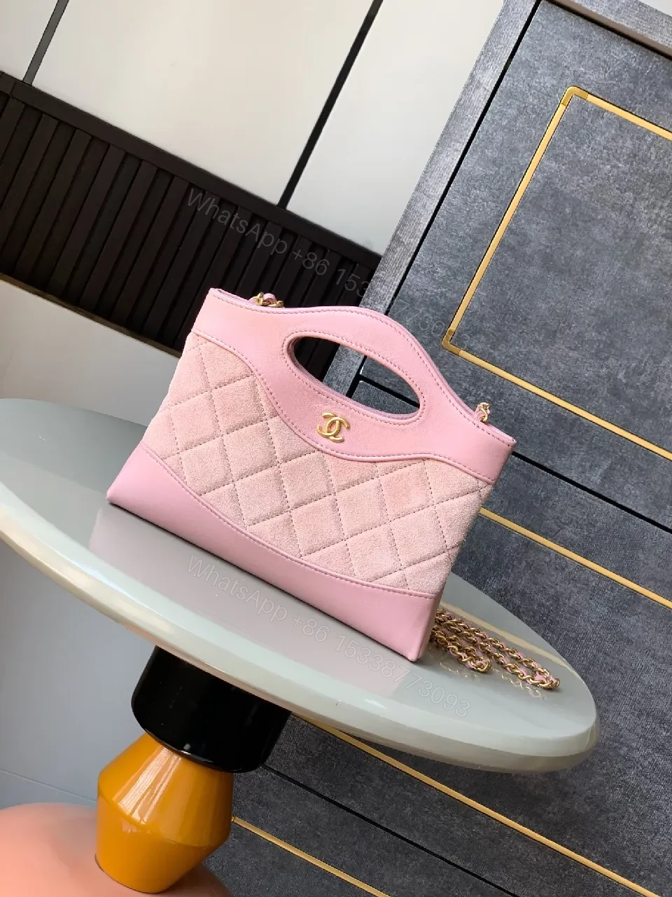 Soft Pink Velvet-Trim Quilted Mini Satchel — view 1