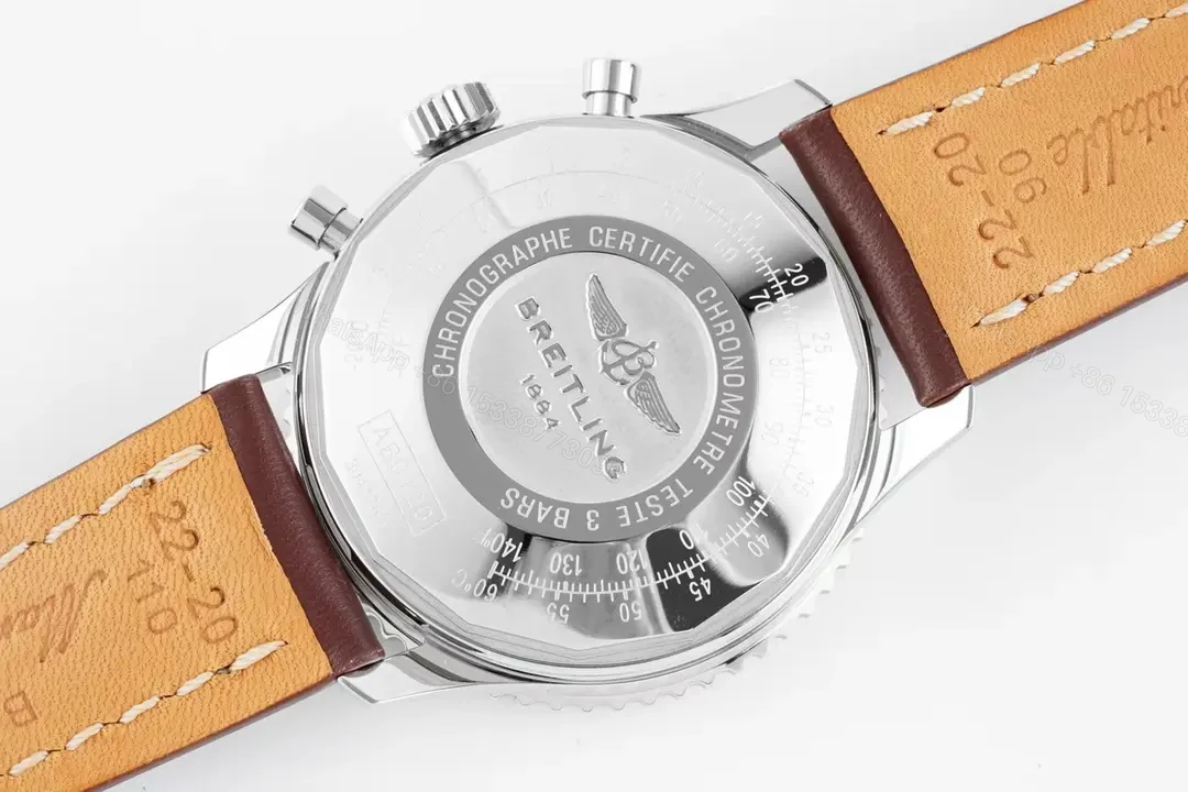 View 8 of V7 Factory Breitling Navitimer B01 Chronograph Panda Dial Watch – Stainless Steel Case, Brown Leather Strap, 43mm