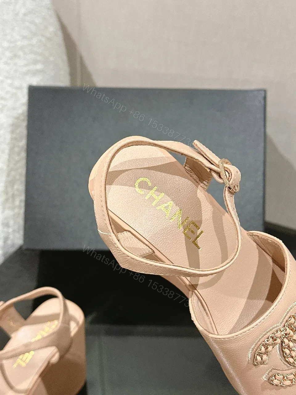 View 8 of Soft Pink Platform Sandals with Signature Emblem Themed Leather
