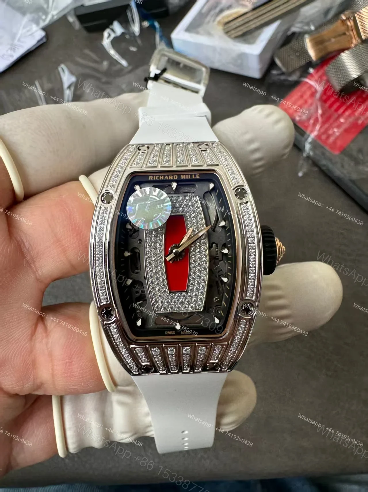 View 6 of Super Clone Richard Mille RM 07 Full Diamond 1:1 Replica Watch with White Rubber Strap