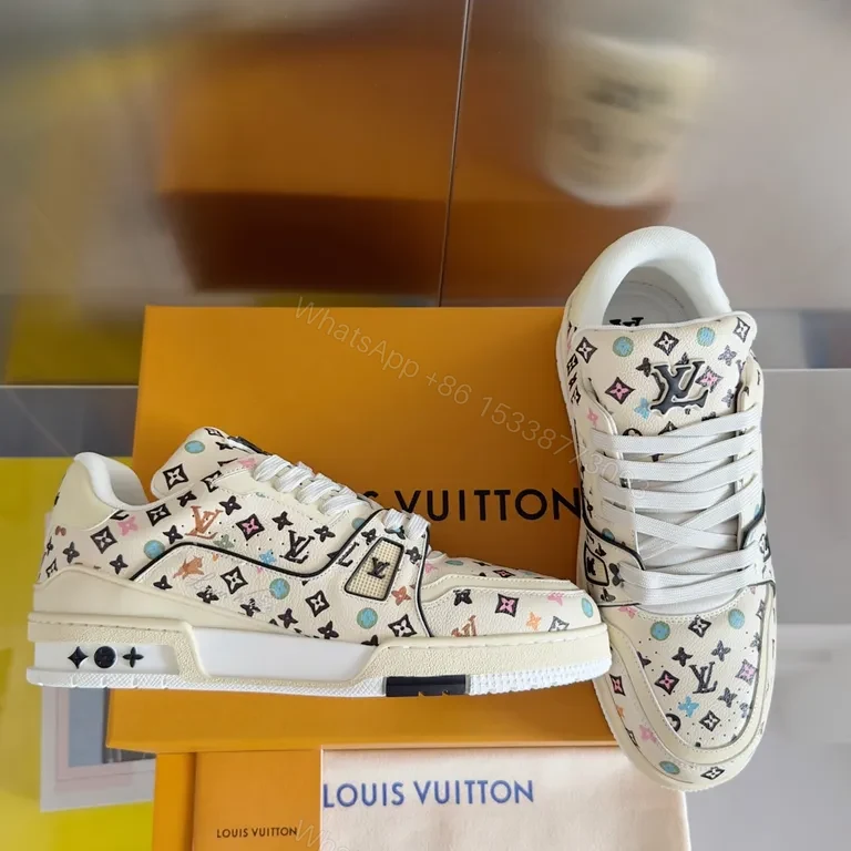 View 6 of White LV-Pattern High-Top Sneakers: Multicolor Luxury Comfort