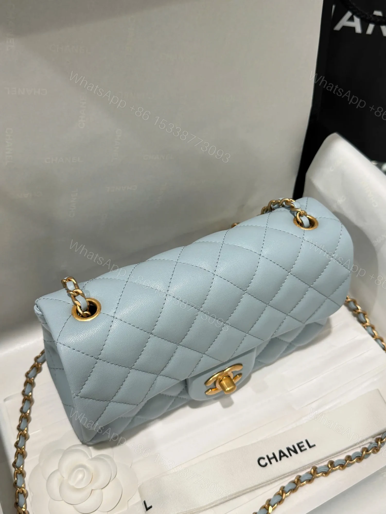 View 6 of Chanel Classic Bell Bag Handbag Sheepskin Blue Like Auth Lock Gold 20cm