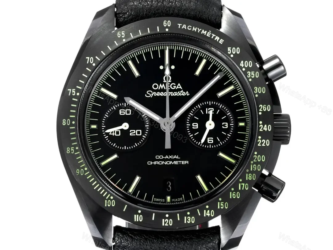 View 2 of Omega Dark Side of the Moon Series Full Ceramic Black Chronograph Watch with Black Leather Strap