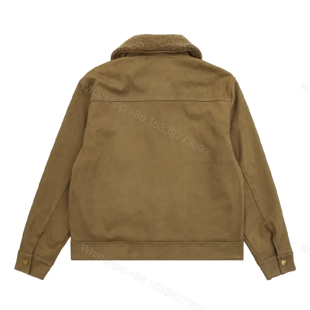 View 5 of Brown Suede Jacket with Shearling Collar & Monogram Panels - Luxe Streetwear Jacket