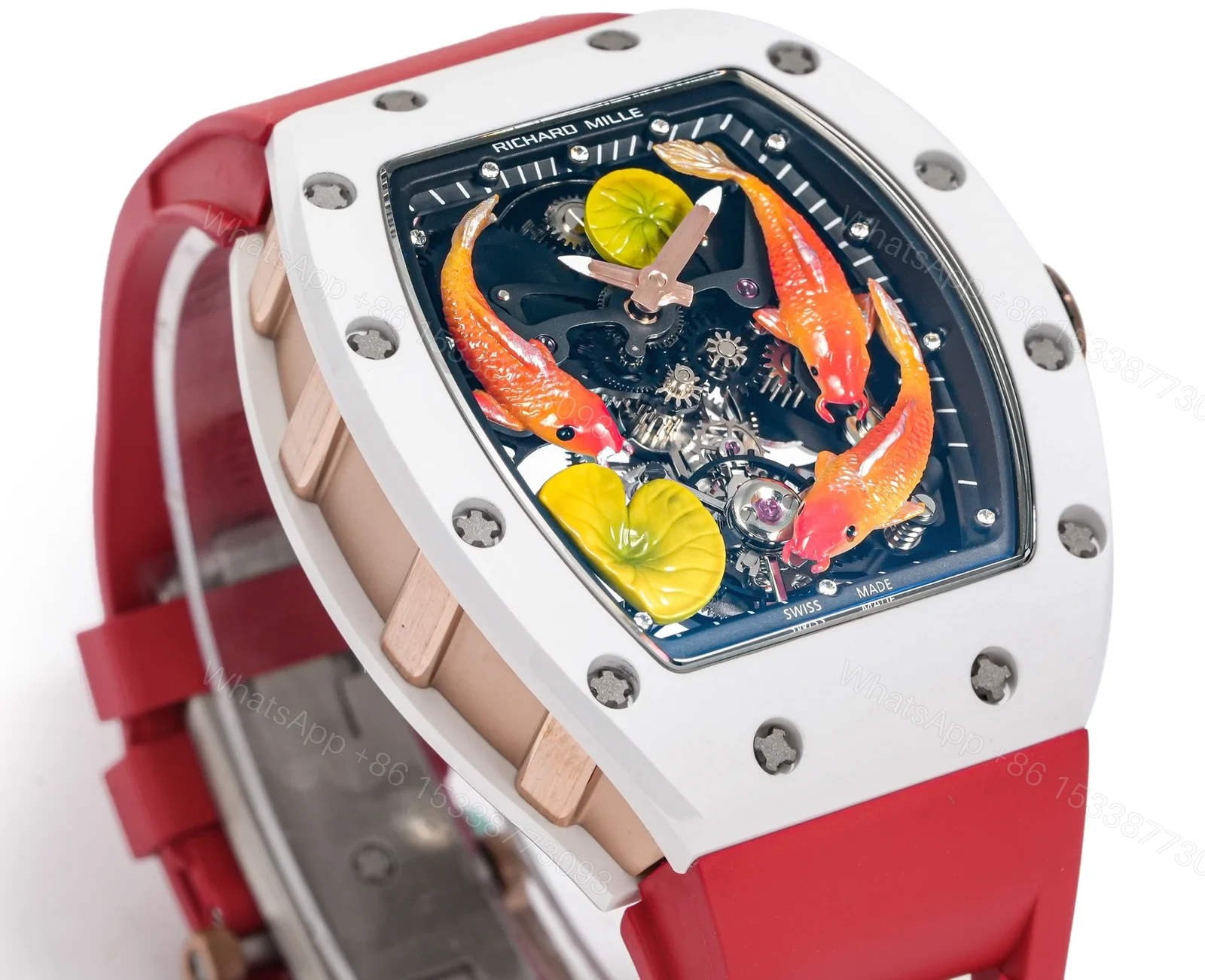 View 3 of Richard Mille RM S10 Koi Tourbillon Watch Red Strap Colorful Koi Art Dial Red Gold Diamond Decoration Flying Tourbillon Mechanical Edition RM-S10-KOI-RDS-ART