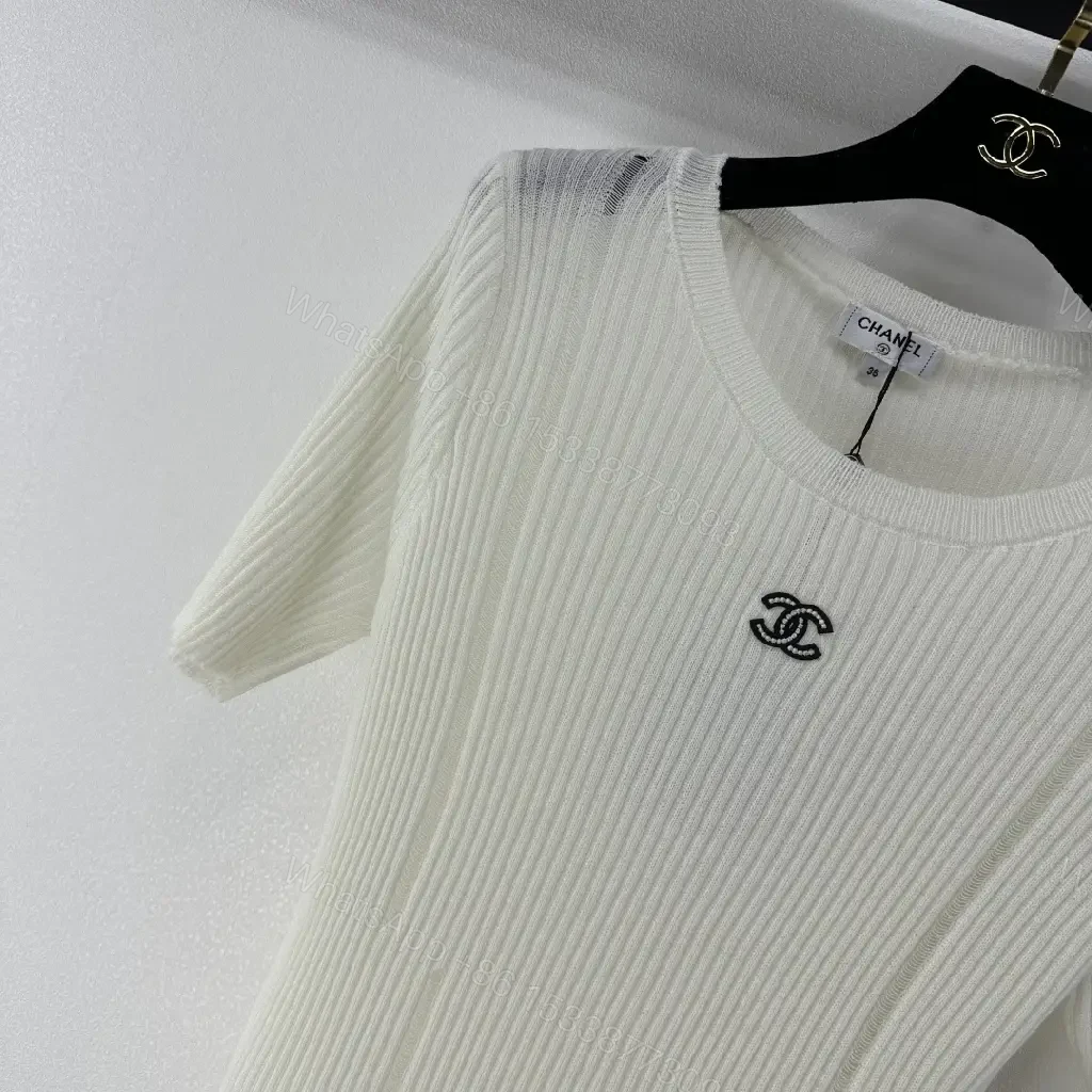 View 2 of Minimalist Ribbed Knit Tee with Subtle Crest Logo - White/Creme, Premium Knit, Crewneck Tee