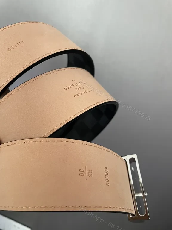 View 6 of Checkerboard LV-Style Belt: Charcoal Leather with Signature Buckle