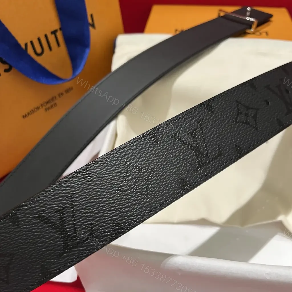 View 3 of Black Pebbled Leather Belt with Silver LV Buckle