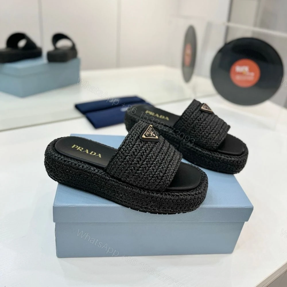View 2 of Prada Natural Crochet Flatform Slides Gold Hardware Black
