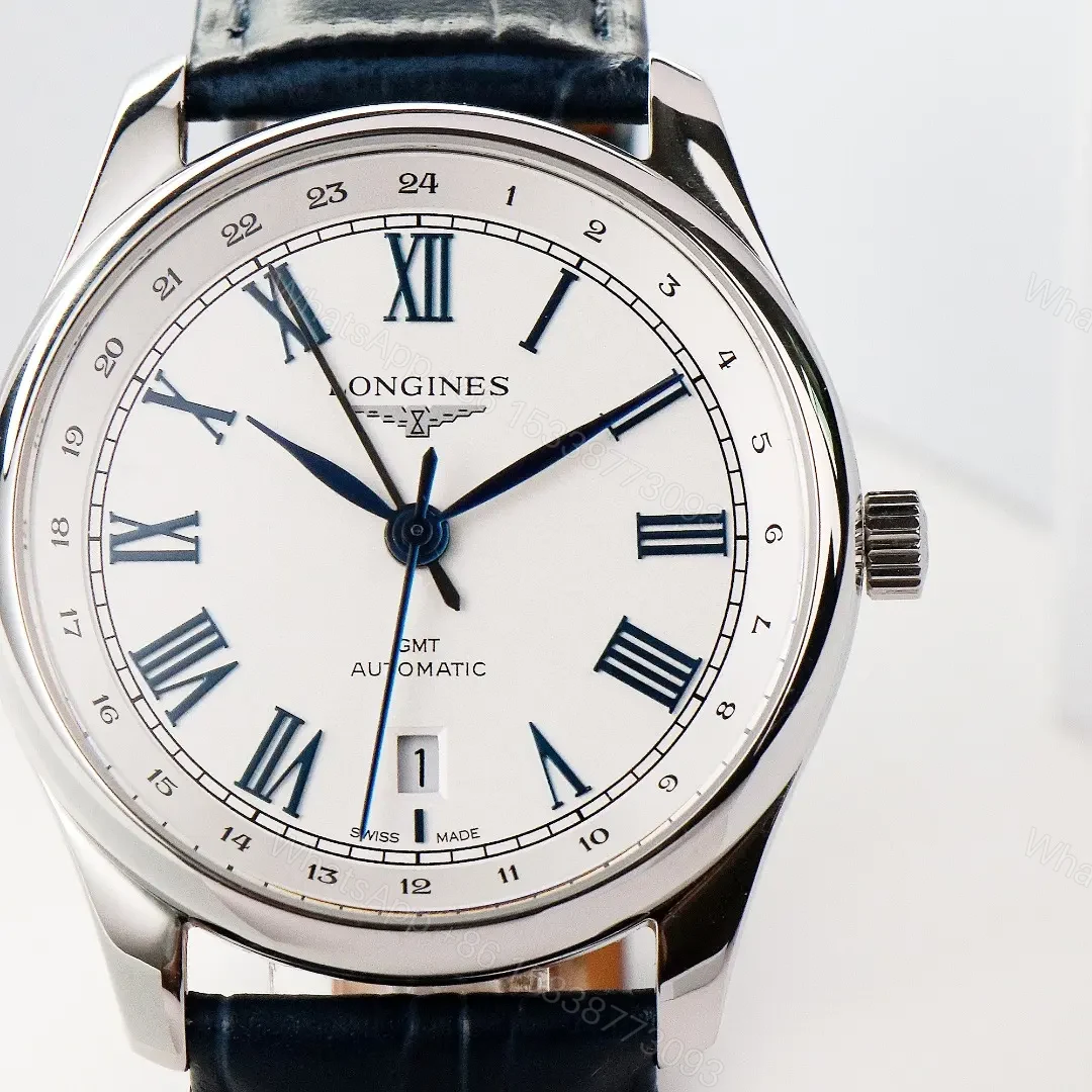 View 4 of Longines Master Collection GMT Watch White Dial with Blue Hands 40mm Stainless Steel Case Italian Grey Leather Strap