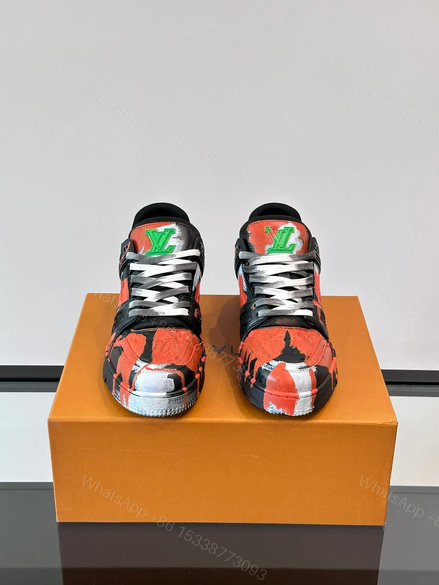 View 2 of LV Men Black Red Painted Leather Sneakers