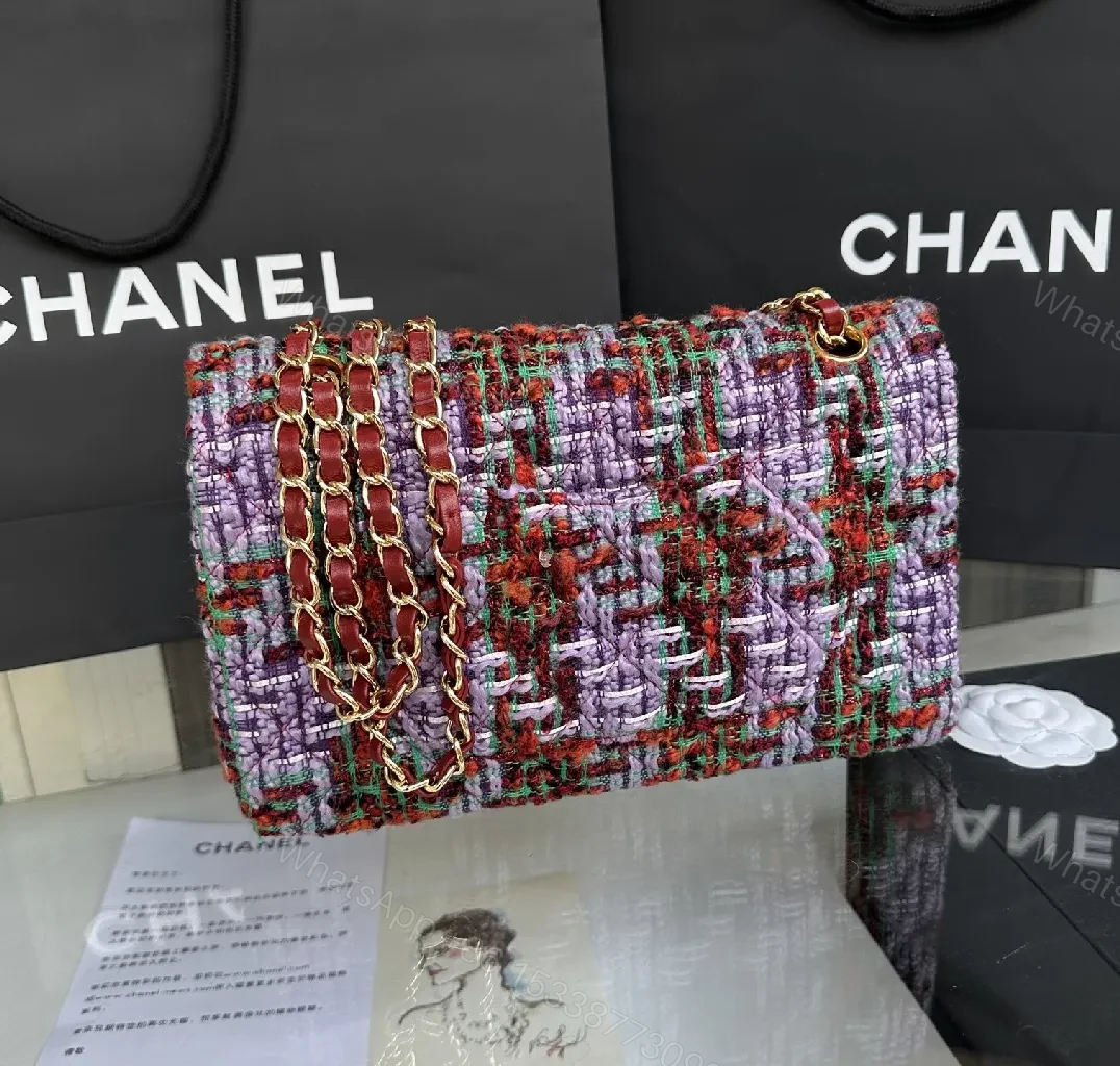 View 6 of Chic Textured Tweed Shoulder Bag with Gold Charm