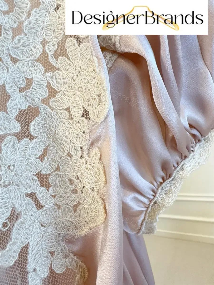 View 8 of Chloe Pale Pink Silk Satin Maxi Dress with Lace Trim