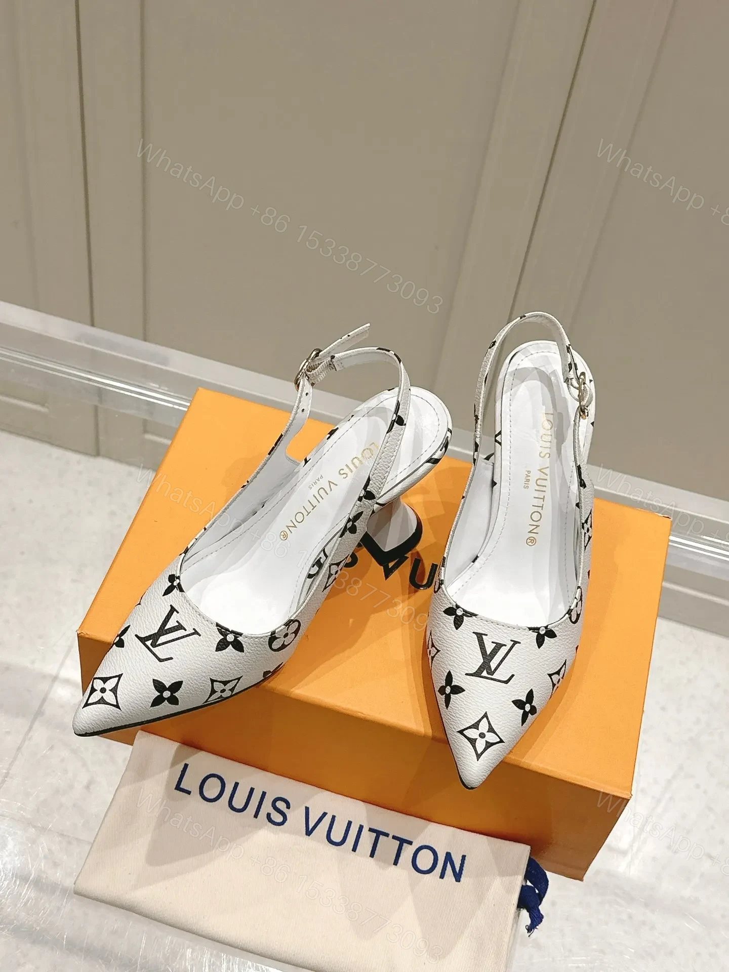 View 3 of LV Women White Leather Monogram Slingback Heels