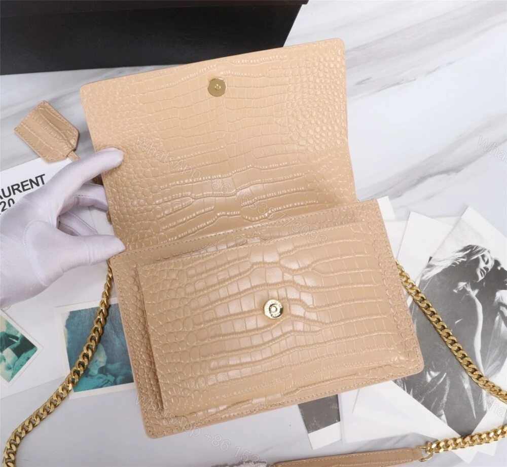 View 5 of Saint Laurent Sunset Medium Chain Bag In Crocodile-Embossed Shiny Apricot 22Cm 442906DND0N9207